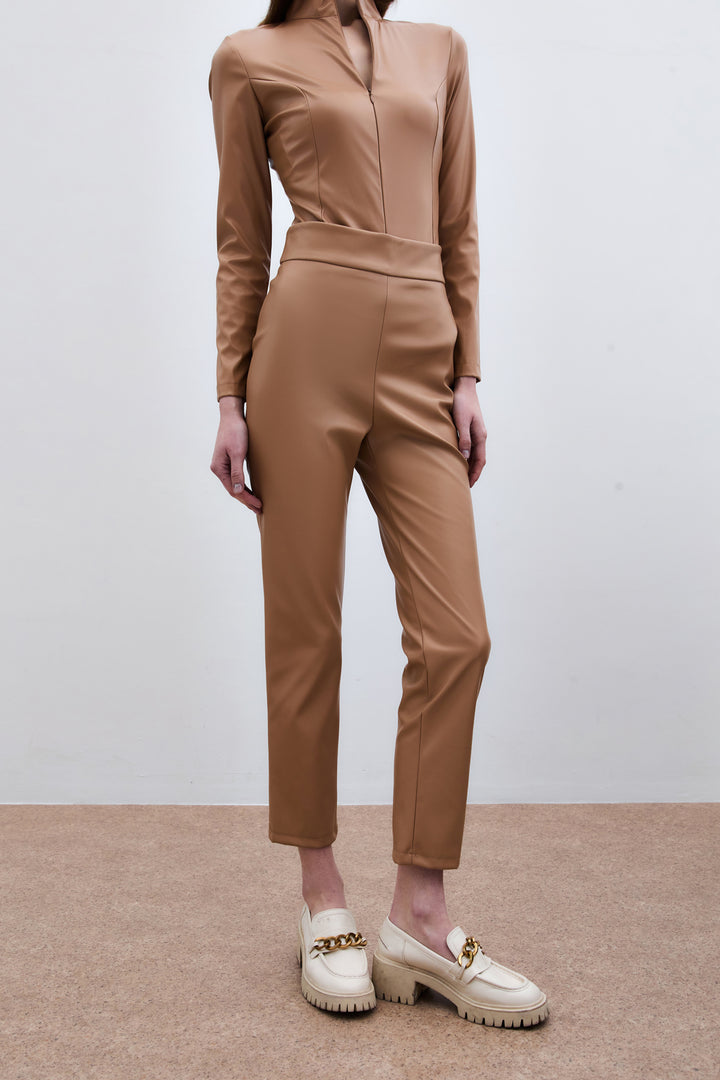 Sateen Pantalon en Cuir Taille Haute - camel