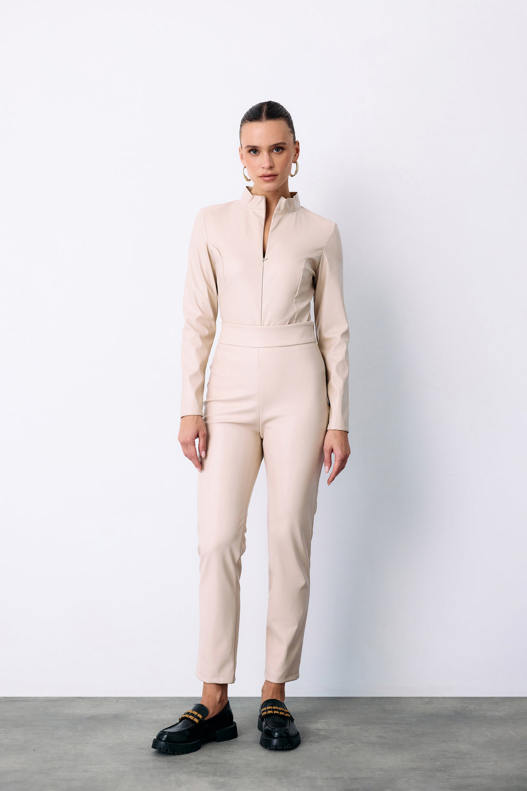 Sateen Pantalon en cuir taille haute - Pierre