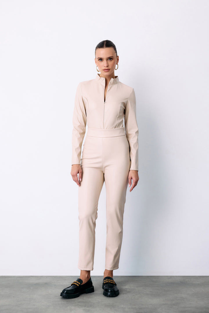 Sateen Pantalon en cuir taille haute - Pierre