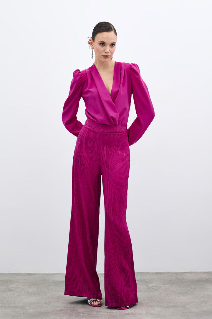 Sateen Pantalon Taille Haute à Motifs - Fuchsia