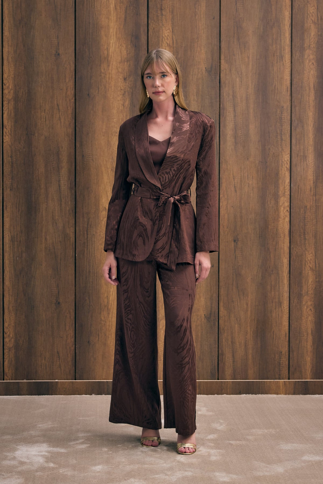 Sateen Pantalon taille haute à motifs - Marron