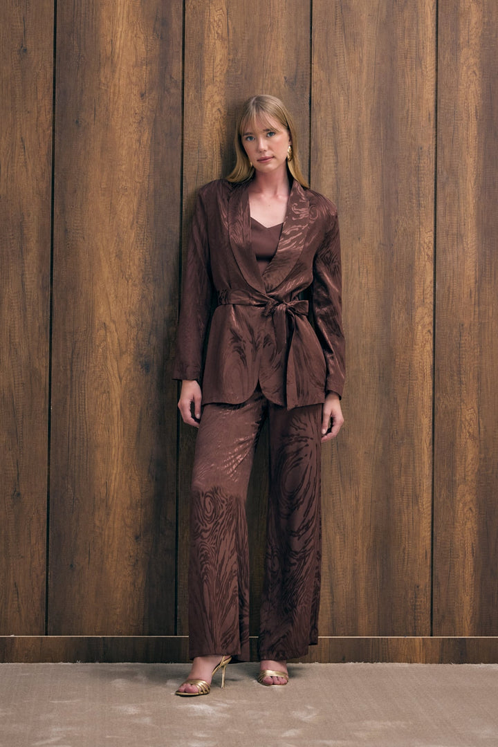 Sateen Pantalon taille haute à motifs - Marron