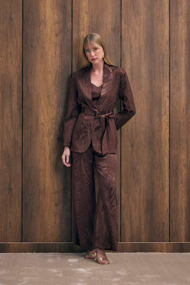 Sateen Pantalon taille haute à motifs - Marron
