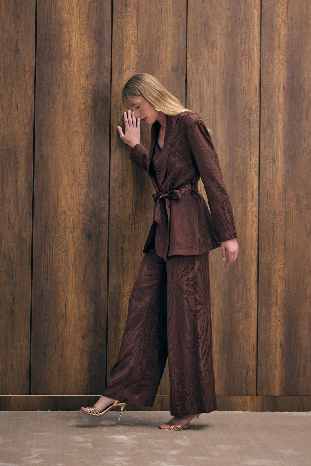 Sateen Pantalon taille haute à motifs - Marron