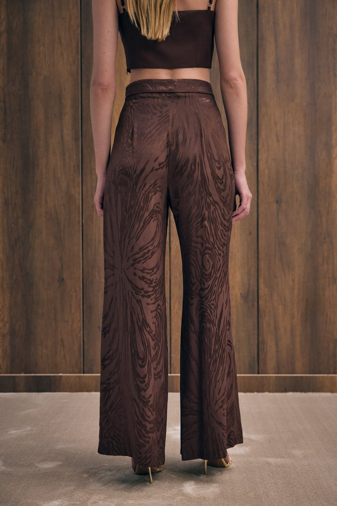 Sateen Pantalon taille haute à motifs - Marron