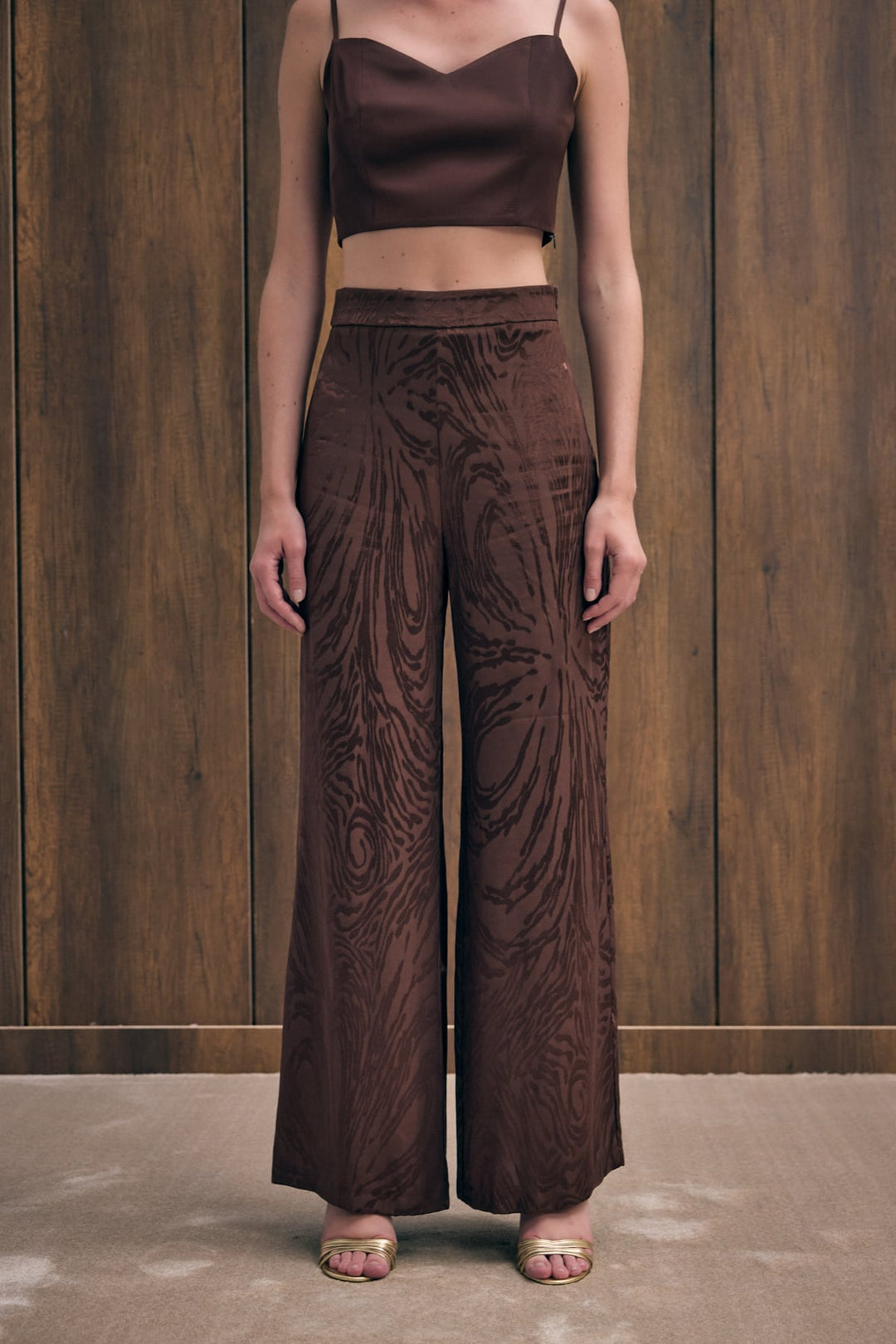 Sateen Pantalon taille haute à motifs - Marron
