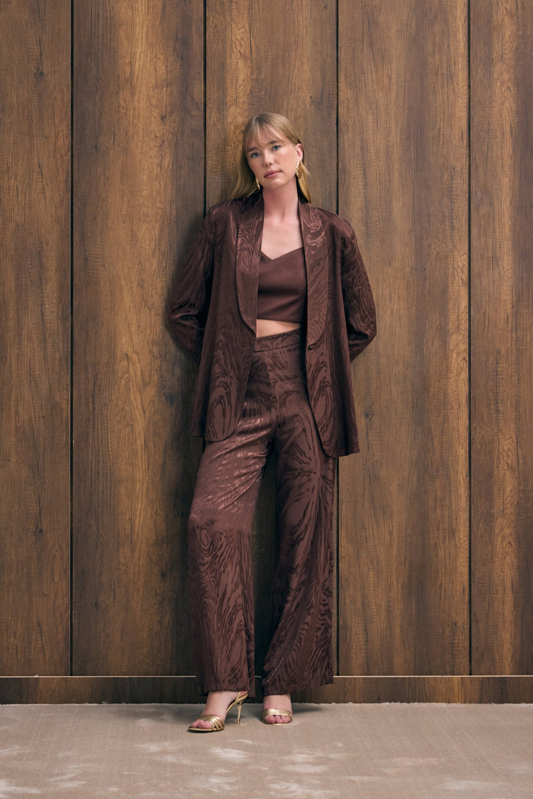 Sateen Pantalon taille haute à motifs - Marron
