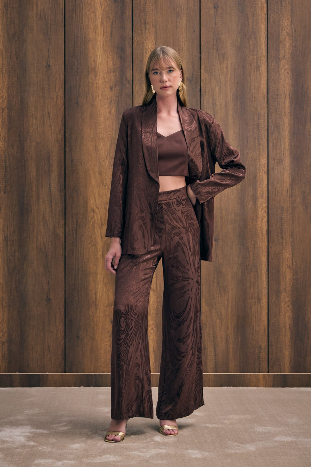 Sateen Pantalon taille haute à motifs - Marron