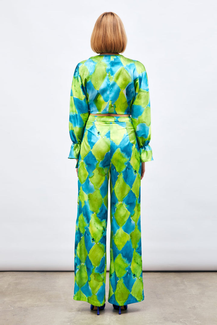 Sateen Pantalon Taille Haute Imprimé - Bleu