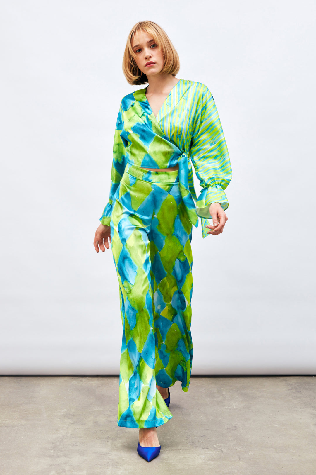 Sateen Pantalon Taille Haute Imprimé - Bleu
