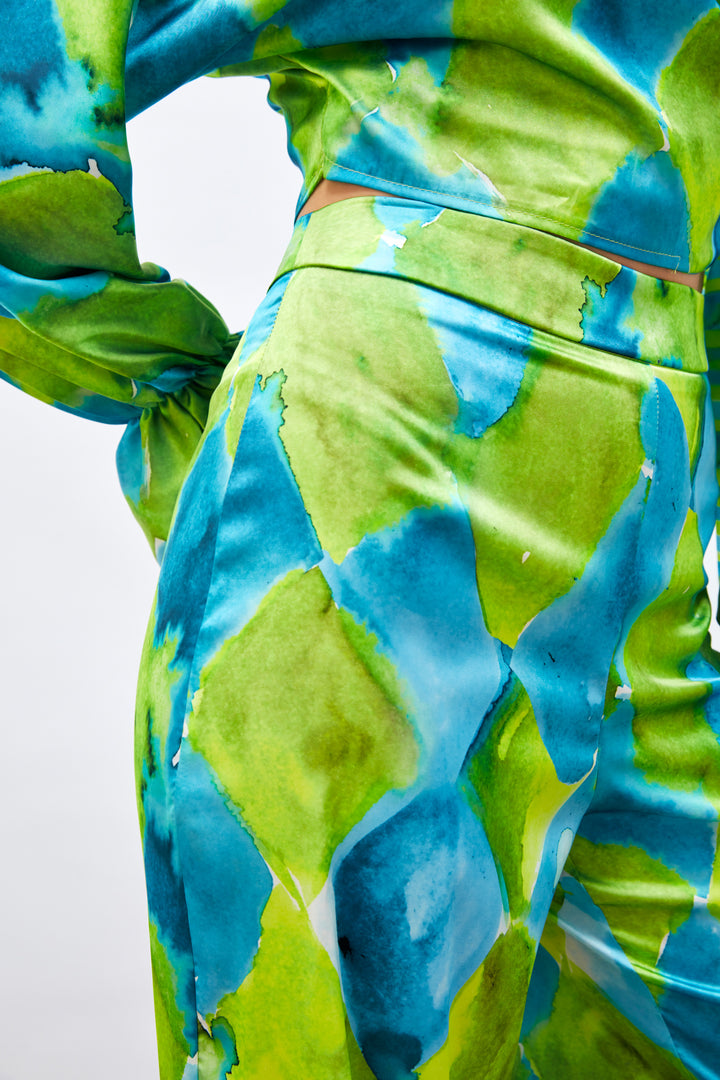 Sateen Pantalon Taille Haute Imprimé - Bleu