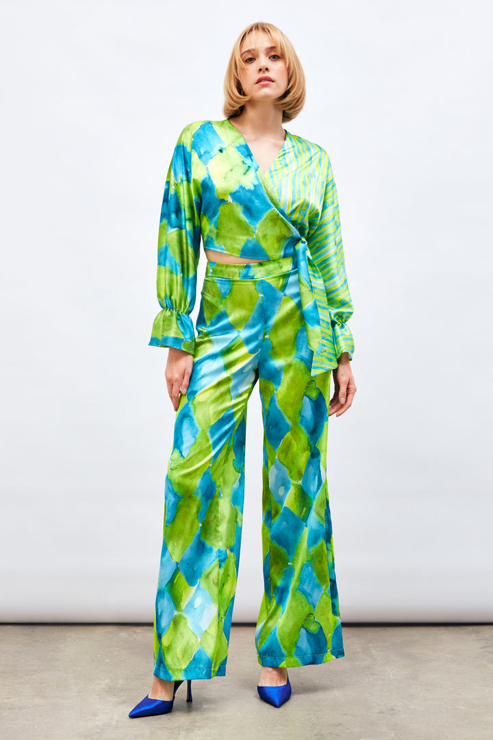 Sateen Pantalon Taille Haute Imprimé - Bleu