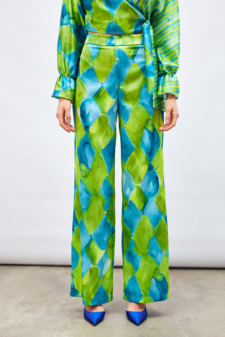 Sateen Pantalon Taille Haute Imprimé - Bleu