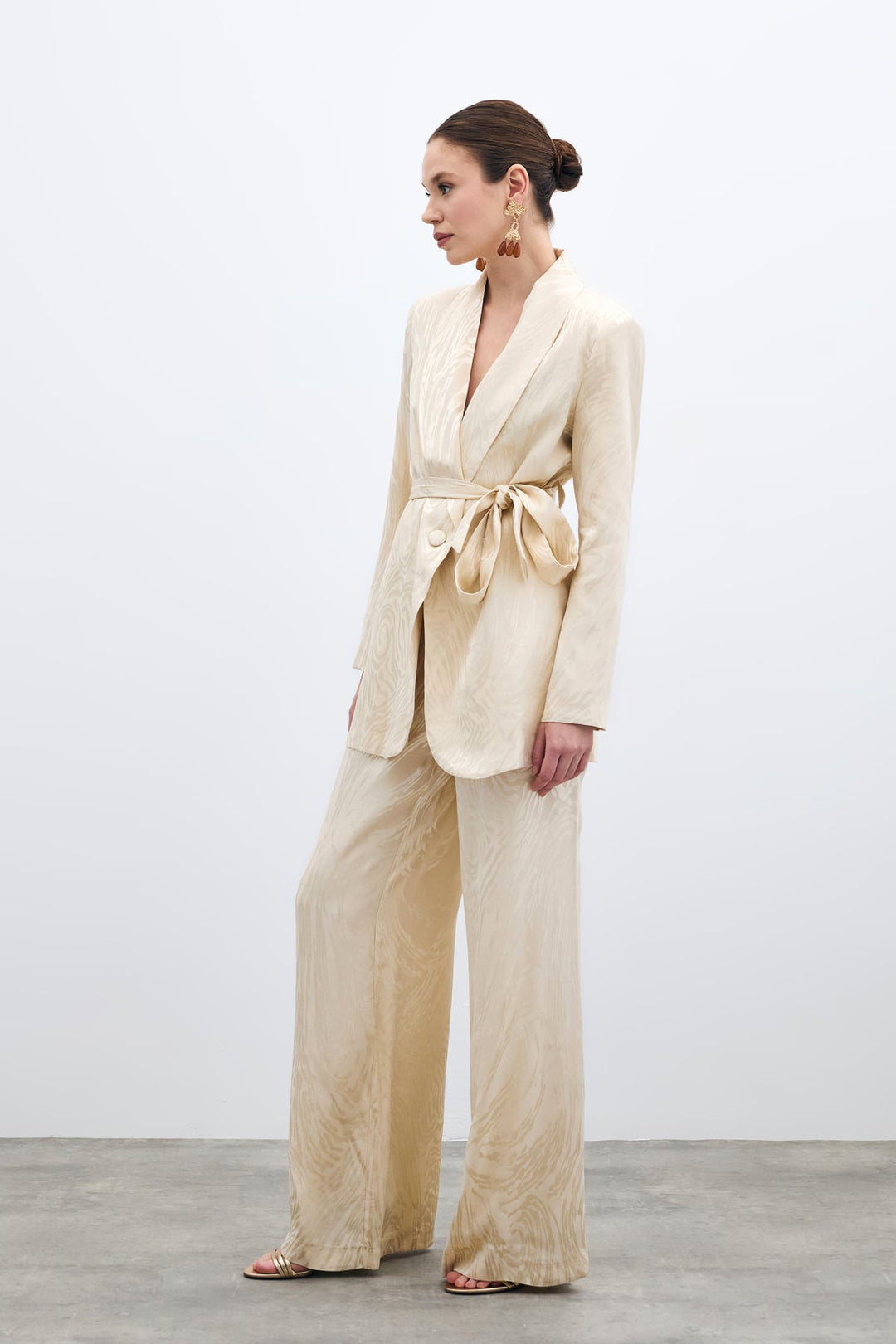 Sateen Pantalon Taille Haute à Motifs - Pierre