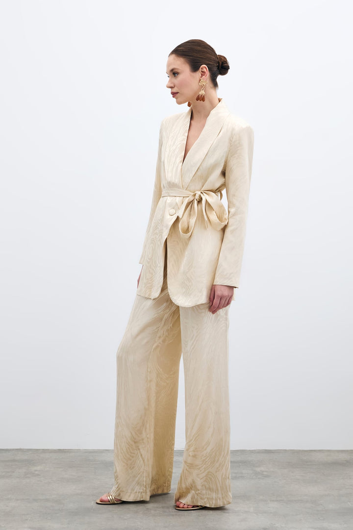 Sateen Pantalon Taille Haute à Motifs - Pierre