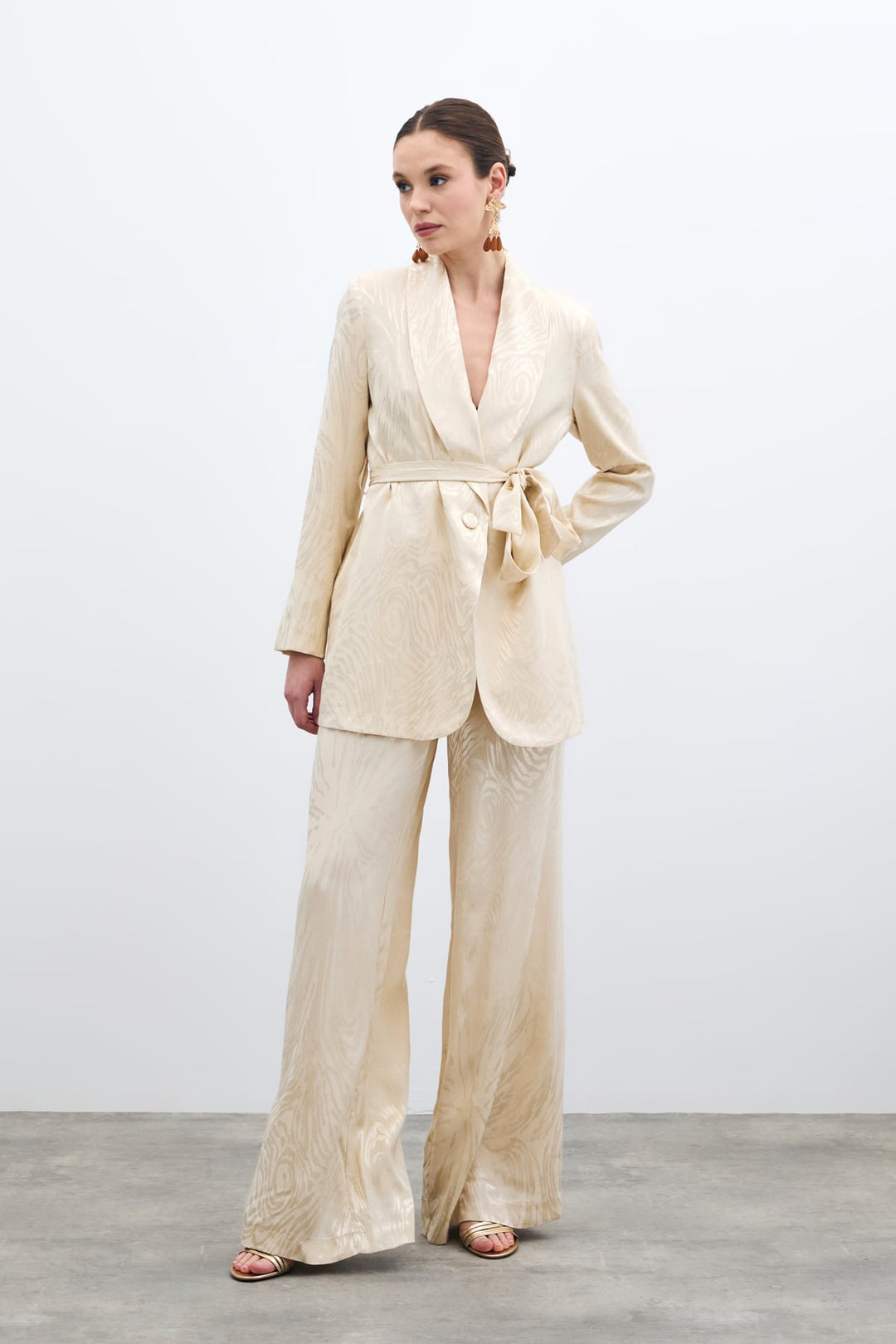 Sateen Pantalon Taille Haute à Motifs - Pierre