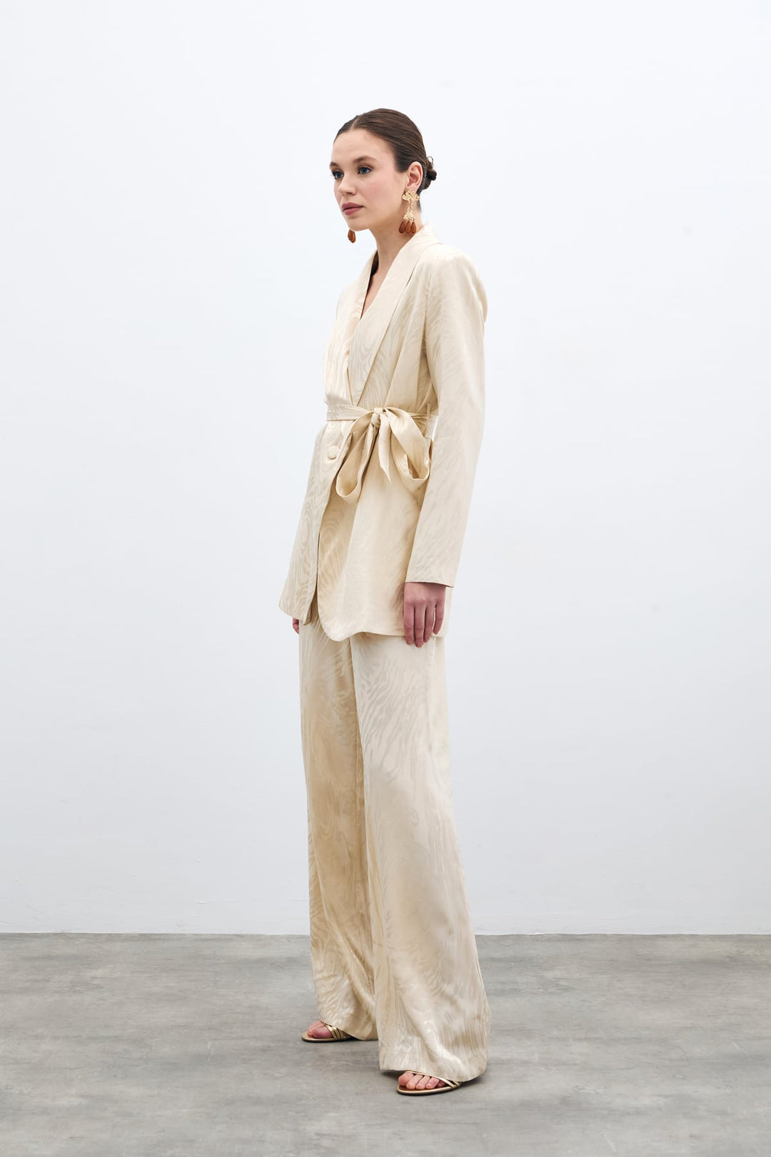 Sateen Pantalon Taille Haute à Motifs - Pierre