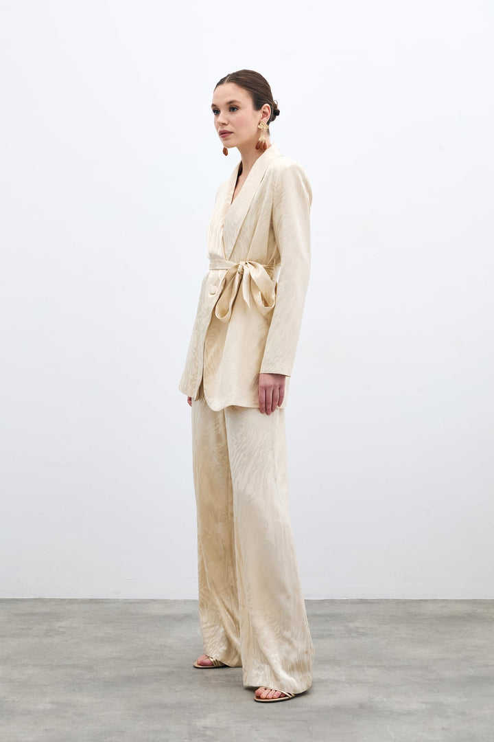 Sateen Pantalon Taille Haute à Motifs - Pierre