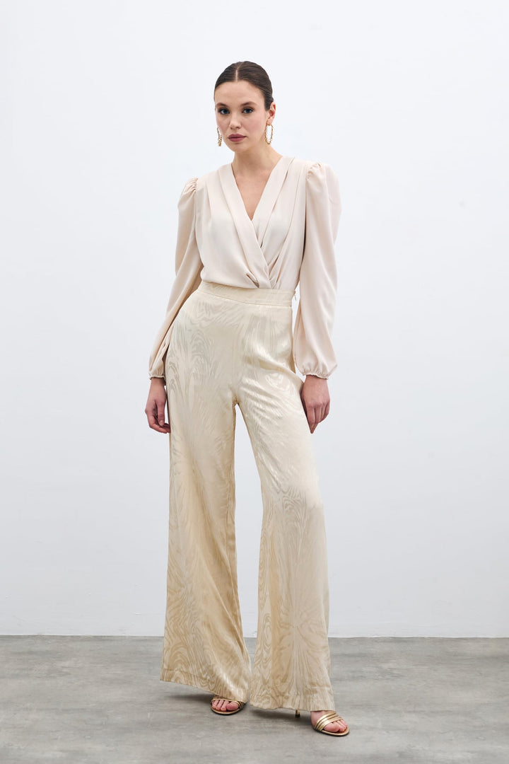 Sateen Pantalon Taille Haute à Motifs - Pierre