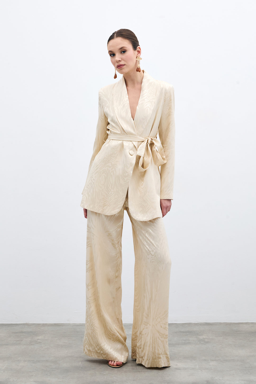 Sateen Pantalon Taille Haute à Motifs - Pierre