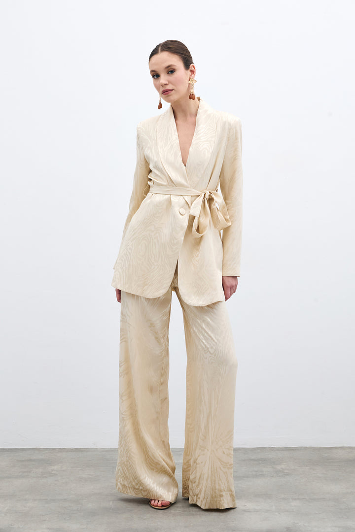 Sateen Pantalon Taille Haute à Motifs - Pierre
