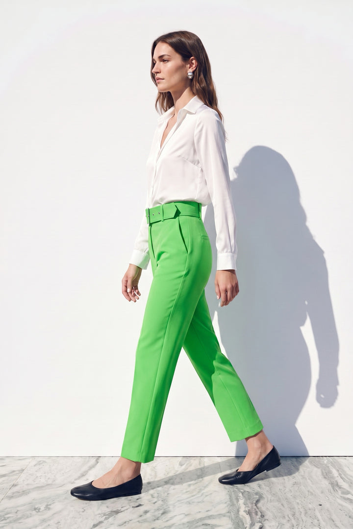 Sateen Pantalon Taille Haute à Ceinture - Clair Vert