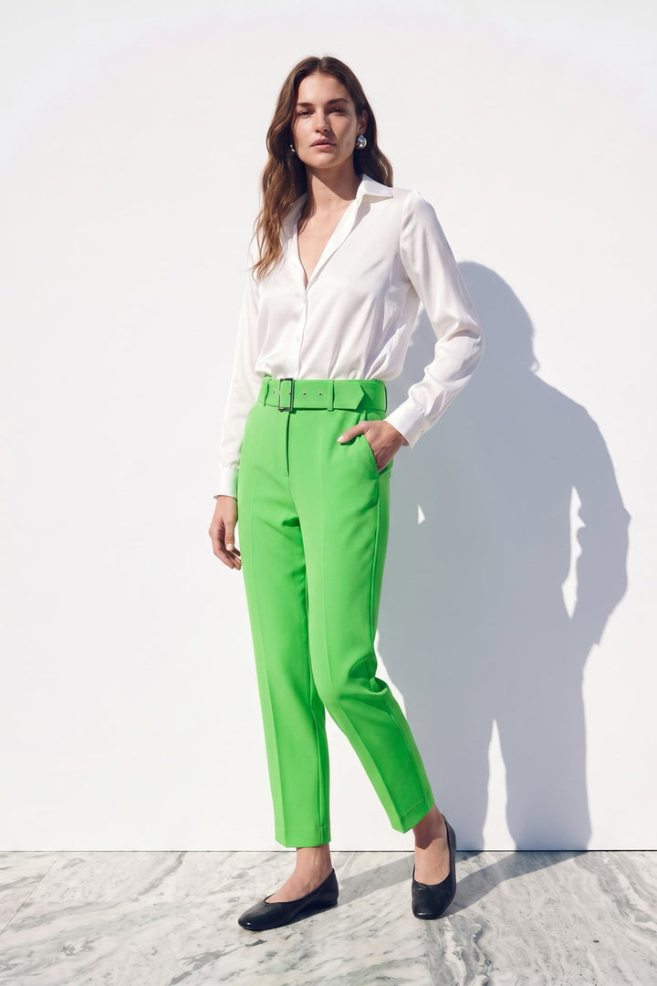 Sateen Pantalon Taille Haute à Ceinture - Clair Vert