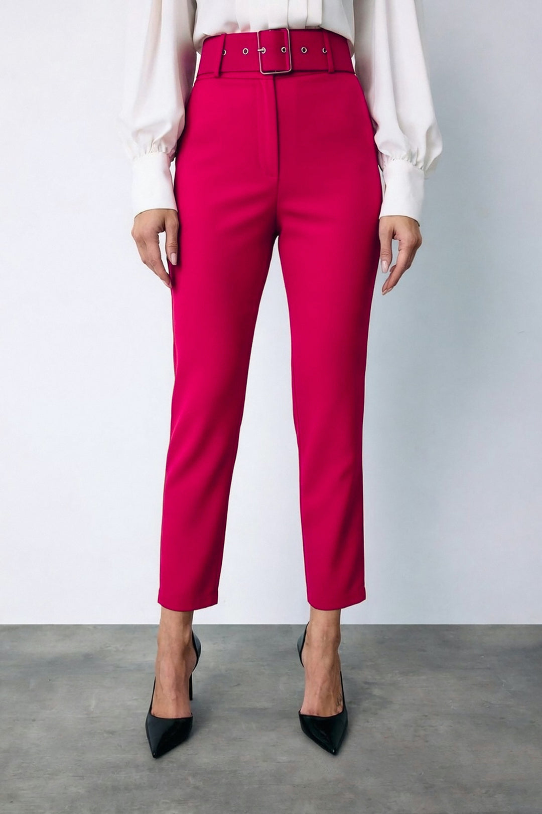 Sateen Pantalon Ceinturé Taille Haute - Fuchsia