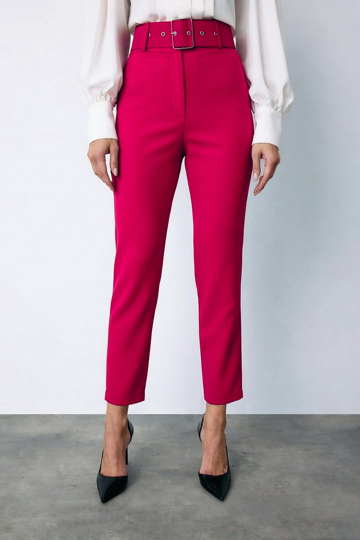 Sateen Pantalon Ceinturé Taille Haute - Fuchsia
