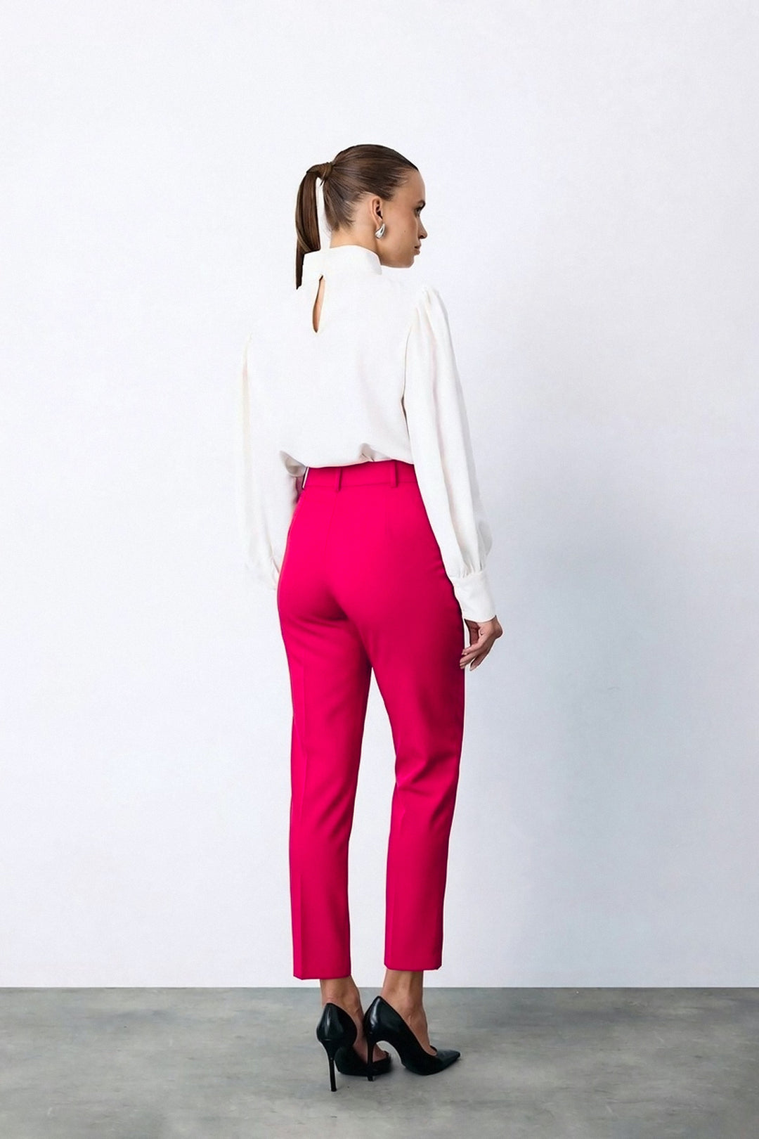 Sateen Pantalon Ceinturé Taille Haute - Fuchsia