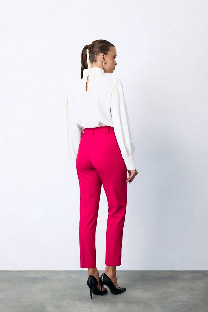 Sateen Pantalon Ceinturé Taille Haute - Fuchsia