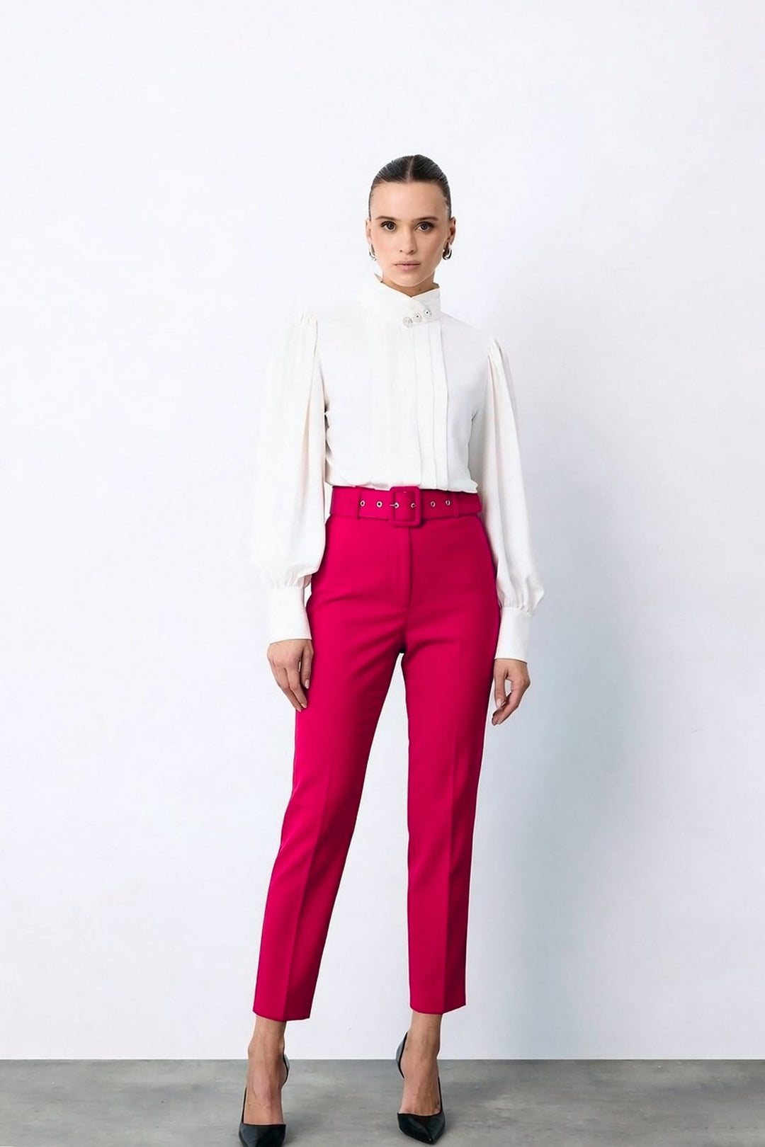 Sateen Pantalon Ceinturé Taille Haute - Fuchsia