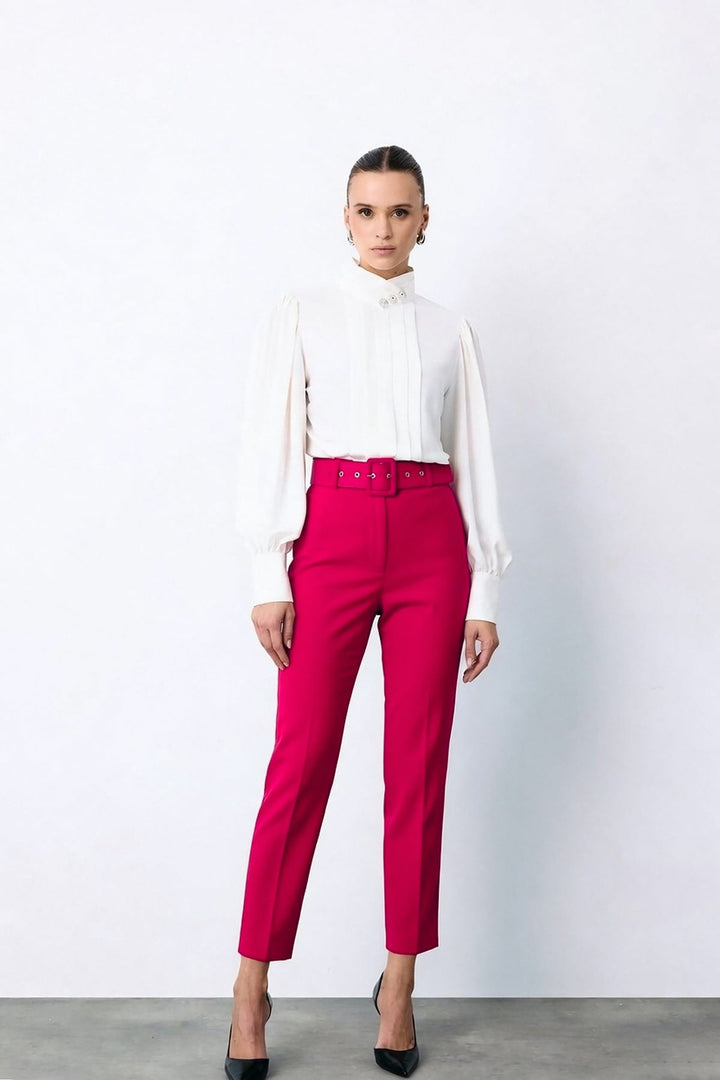 Sateen Pantalon Ceinturé Taille Haute - Fuchsia