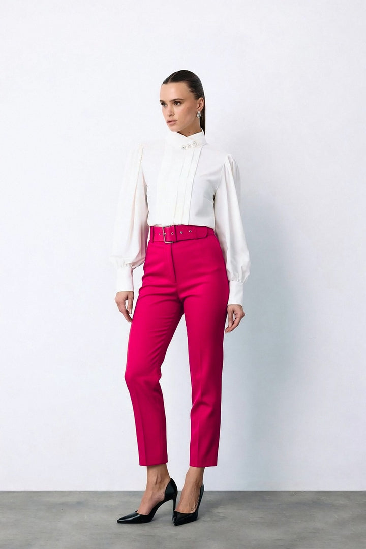 Sateen Pantalon Ceinturé Taille Haute - Fuchsia