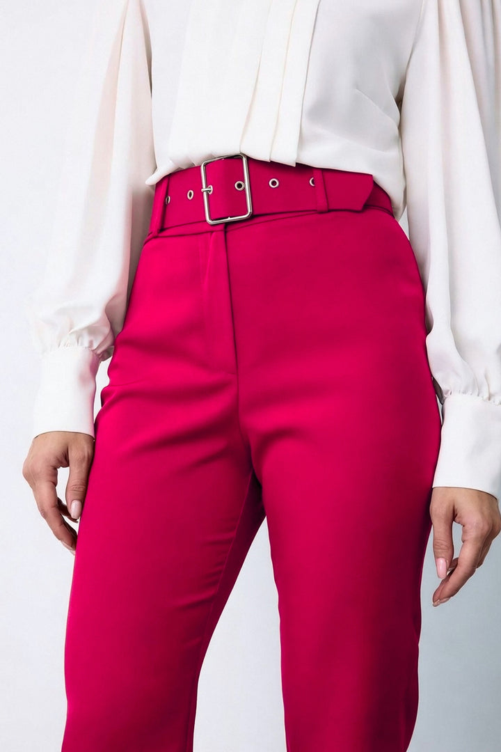Sateen Pantalon Ceinturé Taille Haute - Fuchsia