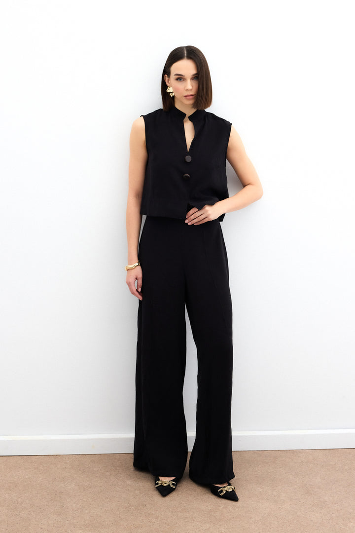Sateen Pantalon en lin taille haute - Noir