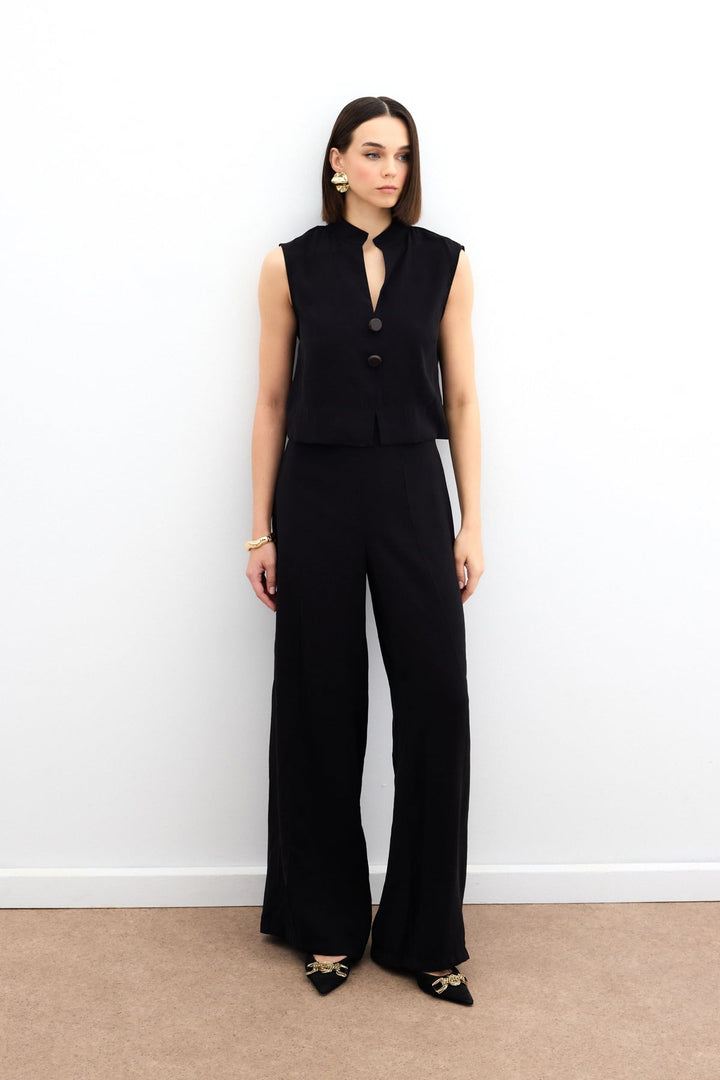 Sateen Pantalon en lin taille haute - Noir