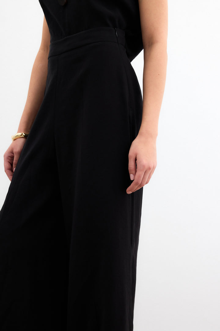 Sateen Pantalon en lin taille haute - Noir