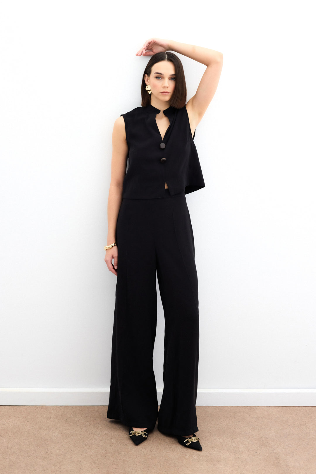 Sateen Pantalon en lin taille haute - Noir