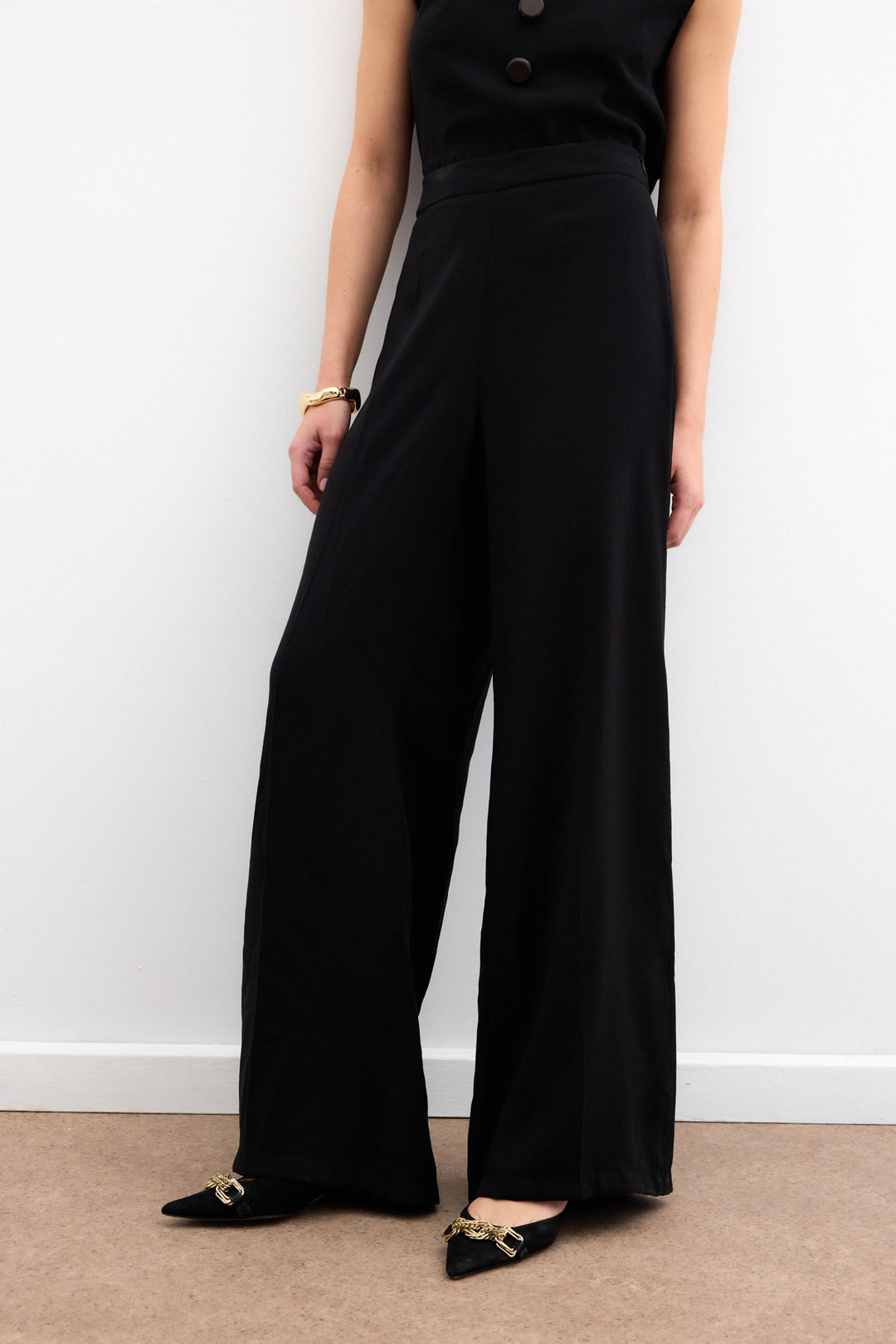 Sateen Pantalon en lin taille haute - Noir