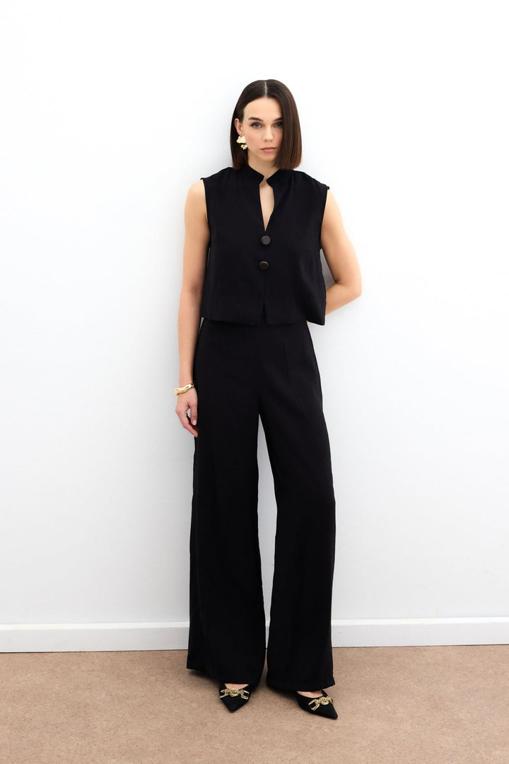 Sateen Pantalon en lin taille haute - Noir