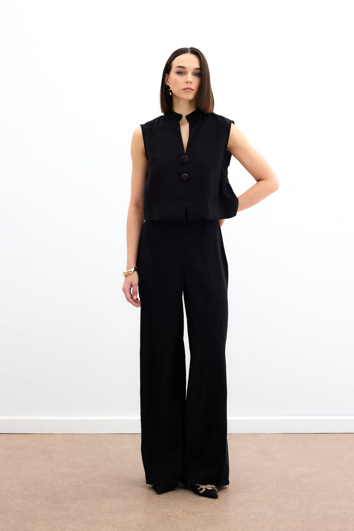 Sateen Pantalon en lin taille haute - Noir