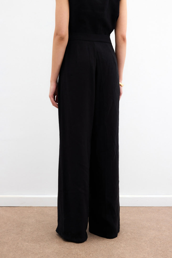 Sateen Pantalon en lin taille haute - Noir