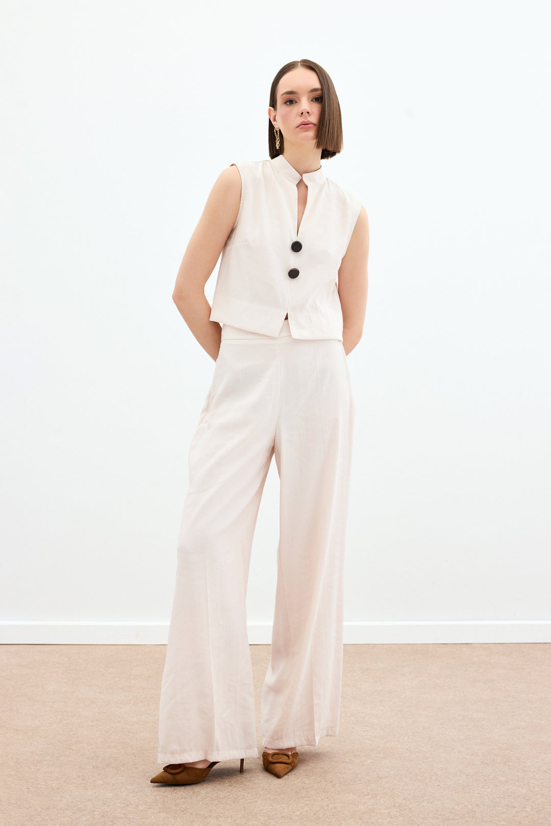 Sateen Pantalon en lin taille haute - Pierre