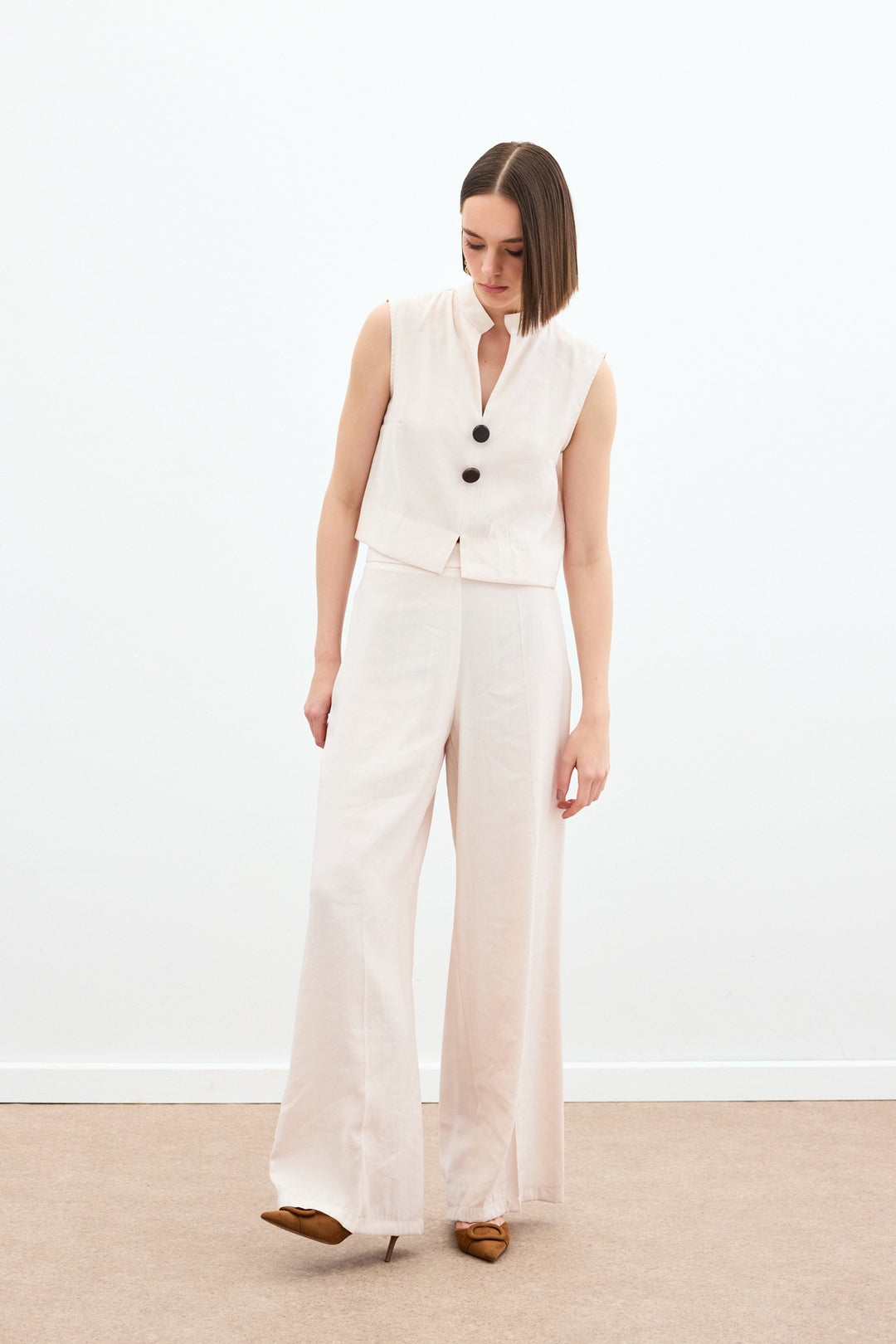Sateen Pantalon en lin taille haute - Pierre
