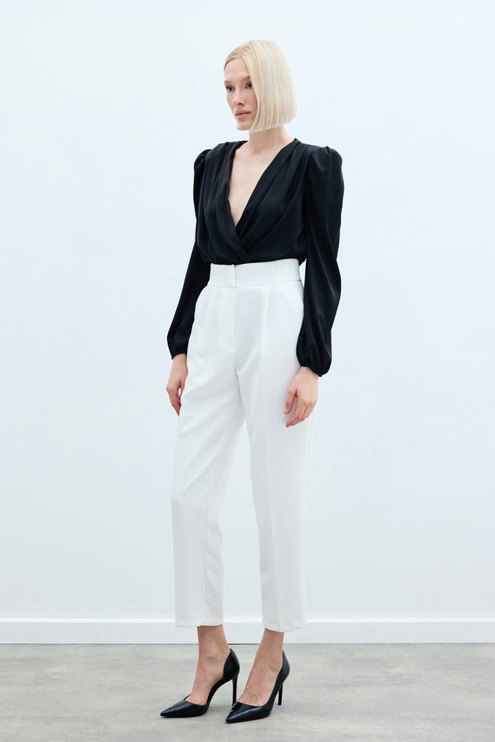 Sateen Pantalon Classique Taille Haute - Écru
