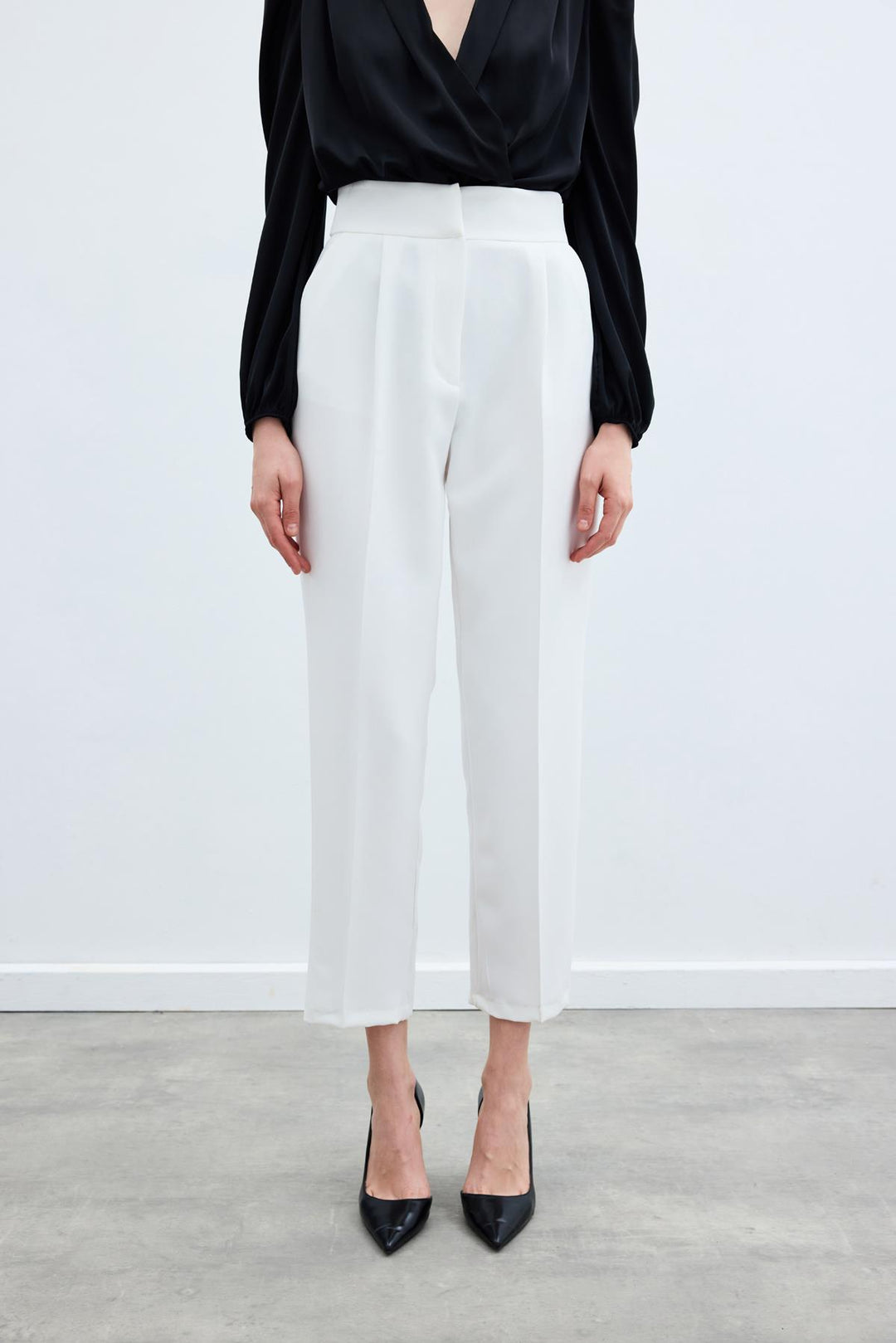 Sateen Pantalon Classique Taille Haute - Écru