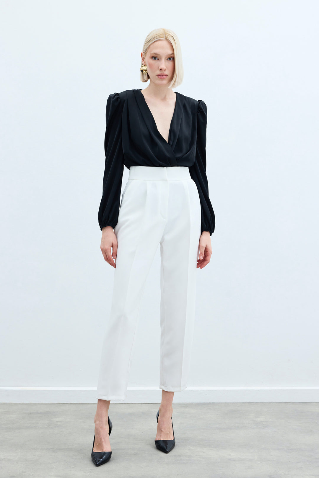 Sateen Pantalon Classique Taille Haute - Écru