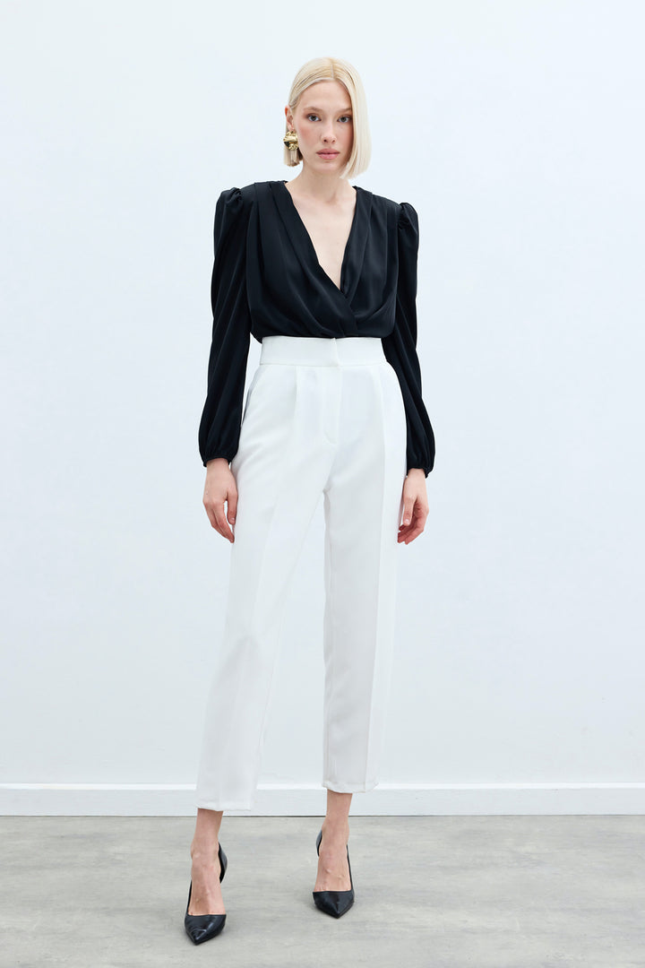 Sateen Pantalon Classique Taille Haute - Écru