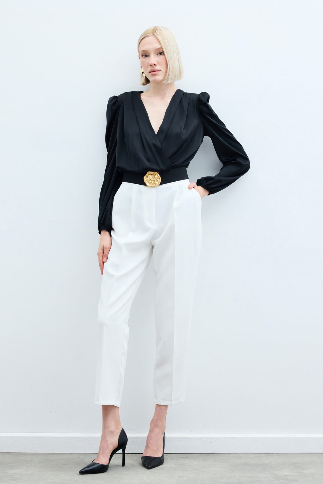 Sateen Pantalon Classique Taille Haute - Écru